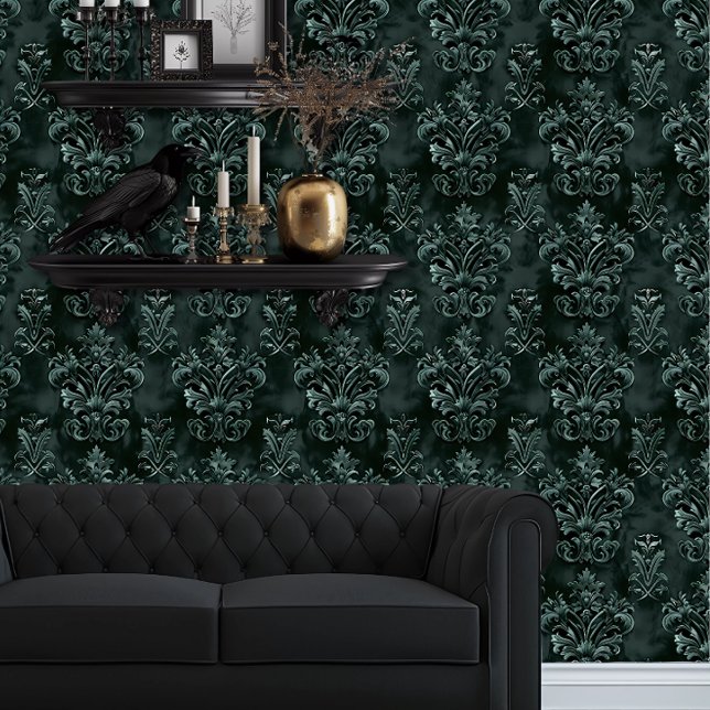 Papier Peint Whimsigoth Décoratif Emerald Green (Whimsigoth Green Damask wallpaper behind a black couch.)