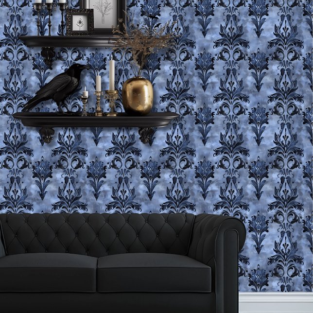 Papier Peint Whimsigoth Dusty Blue Elegant (Whimsigoth Dusty Blue Damask wallpaper behind a black couch.)