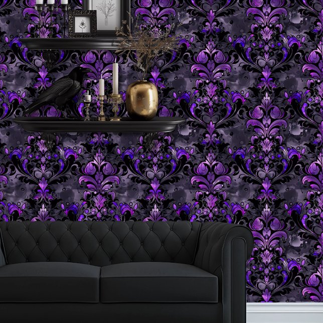 Papier Peint Whimsigoth Funky Delicate violet (Whimsigoth Dark Purple and Black Damask wallpaper behind a black couch and goth floating shelves)