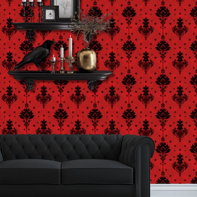 Papier Peint Whimsigoth Simple Noir et Rouge (Whimsigoth Red & Black Wallpaper Behind a Black Couch)