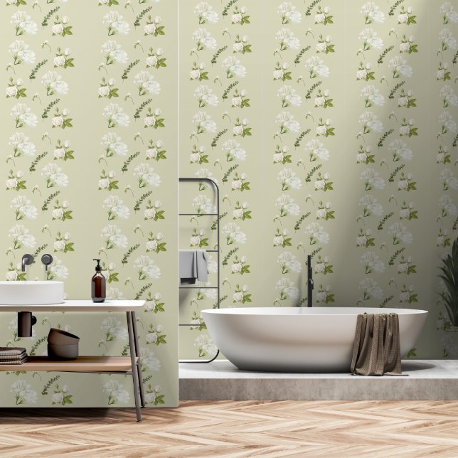 Papier Peint White Gardenia Rose Pastel Gray Background Pattern (Salle de bain)