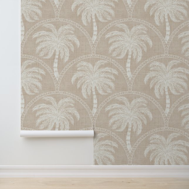 Papier Peint White Palm Trees on Beige Coastal Tropical Arches (Application)