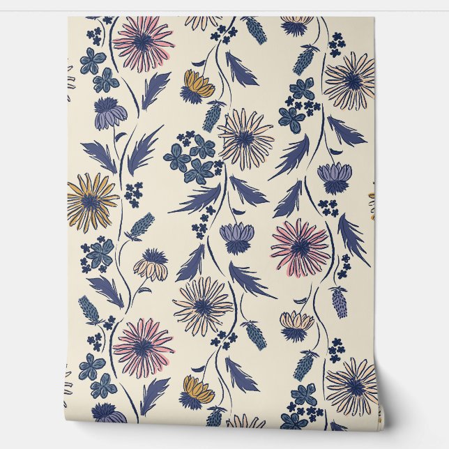 Papier Peint Wildflower Stripes - Lavender And Denim Blue (Déroulement)