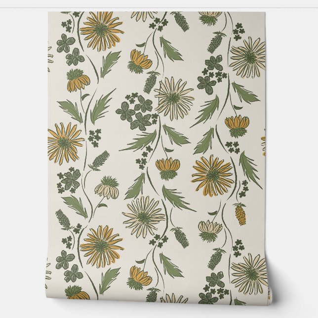 Papier Peint Wildflower Stripes - Mustard Gold And Deep Green (Déroulement)