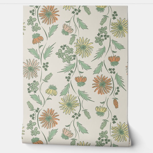 Papier Peint Wildflower Stripes - Yellow And Mint Green And Cre (Déroulement)