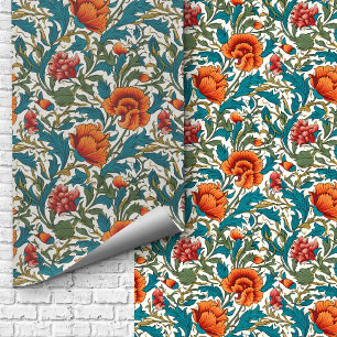 Papier Peint William Morris inspiré terre cuite pastel bleu