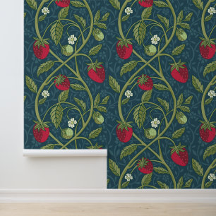 Papier Peint William Morris Style Jade & Red Strawberry Motif