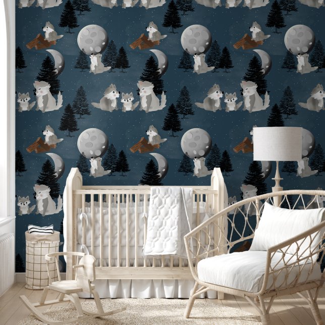 Papier Peint Wolf Pack Woodland Night Sky Moon Baby Nursery (Enfants)