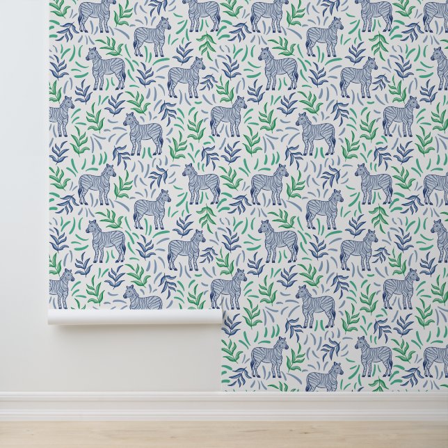 Papier Peint Zèbres de la Marine avec Verdure Verte et Bleue /  (Application)