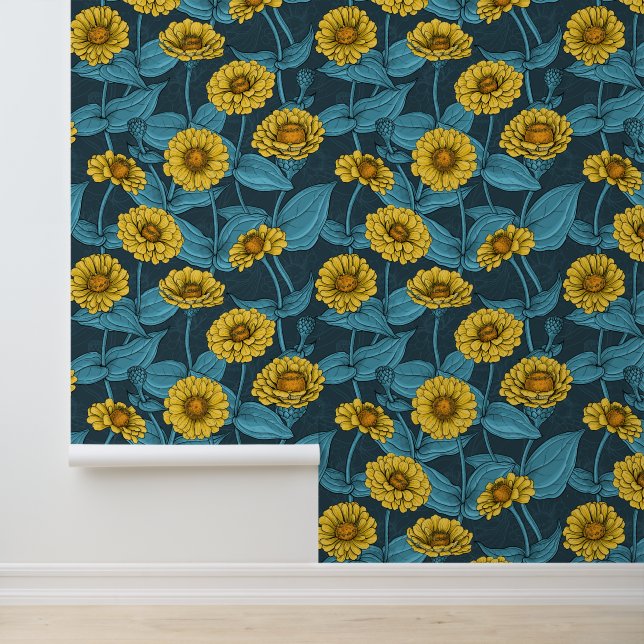 Papier Peint Zinnias jaune sur bleu foncé (Application)