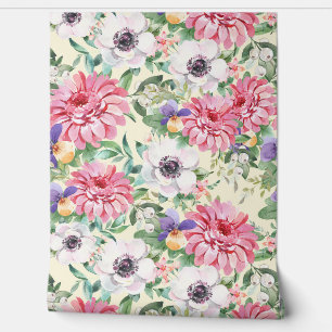 Papier Peint Zinnias Rose Floral Papillons blancs Pansies Verdu