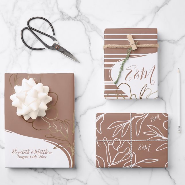 Papier personnalisé Monogramme Moccha Brun Floral  (Recto)