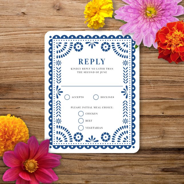 Papier Picado bleu | Carte RSVP de réponse Mariage (Créateur téléchargé)