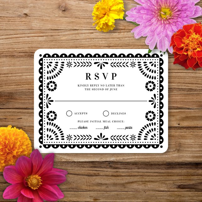 Papier Picado noir blanc | Carte RSVP de réponse M (Créateur téléchargé)