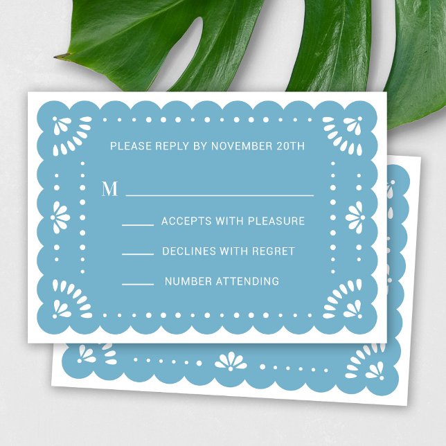 Papier Picado Style Carte RSVP mexicaine (Modern Papel Picado RSVP Card In Sky Blue)
