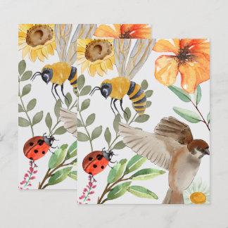 Papier plat aquarelle abeille, moineau et fleur sa
