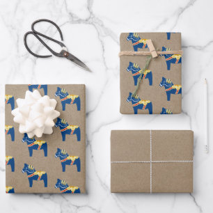 Papier plat bleu Dala Horse Wrapper Set de 3