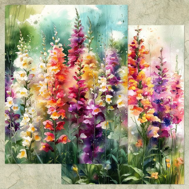 PAPIER POUR ALBUM DE DÉCOUPAGES JARDIN DE GANTIANE (WATERCOLOR FOXGLOVE GARDEN SCRAPBOOK PAPER)