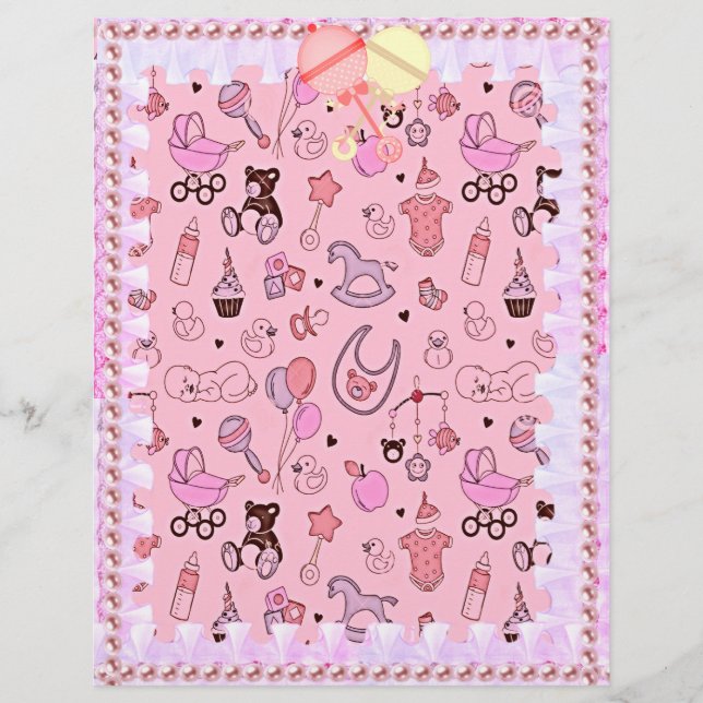 Papier pour bébé rose avec dentelle et perles (Devant)