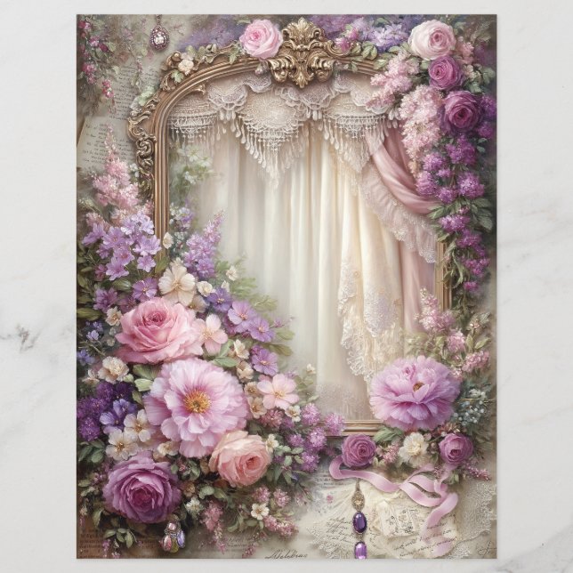Papier pour junk journal vintage rose violet scrap (Devant)