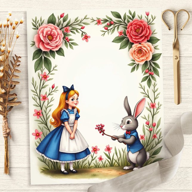Papier pour scrapbooking floral Alice et Lapin (Créateur téléchargé)