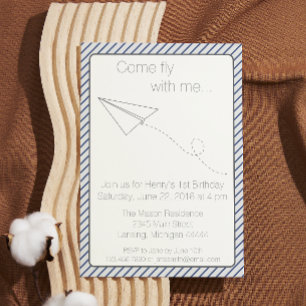 Papier rayé bleu Avion Invitation d'anniversaire