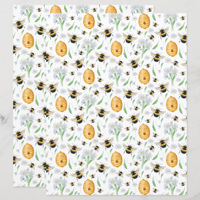 Papier scrapbook Abeilles miel floral (Devant / Derrière)