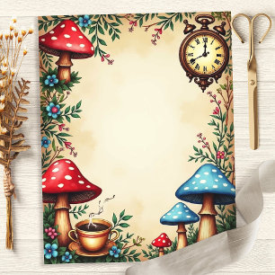 Papier scrapbook Alice Champignons Théière Horloge