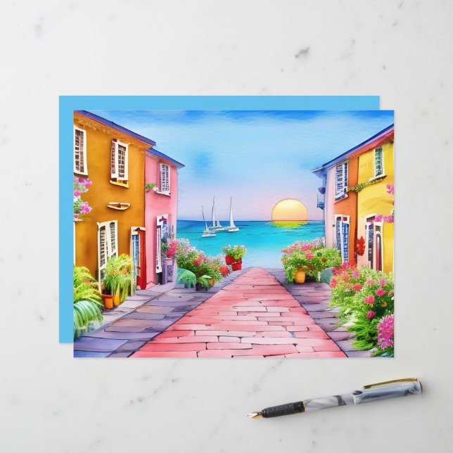 Papier scrapbook aquarelle de village côtier au co (Devant/Arrière en situation)