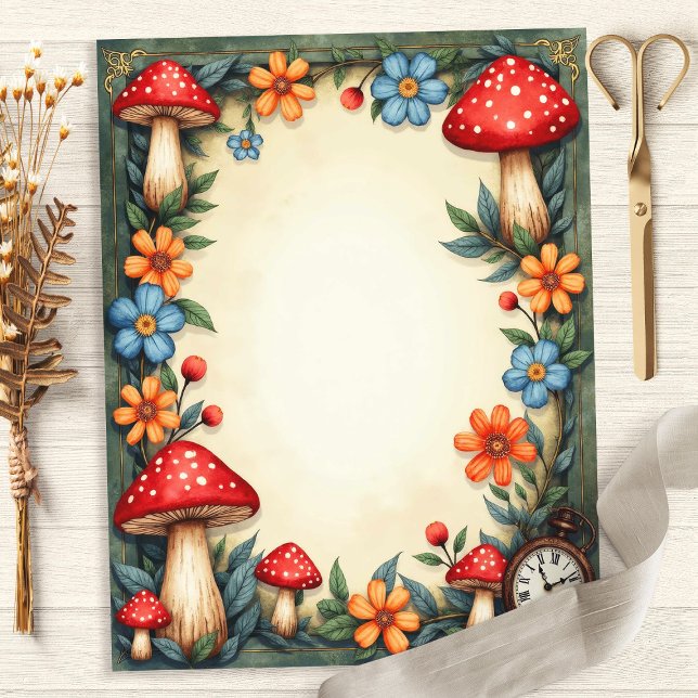 Papier scrapbook Champignons d'Alice et Horloge (Créateur téléchargé)