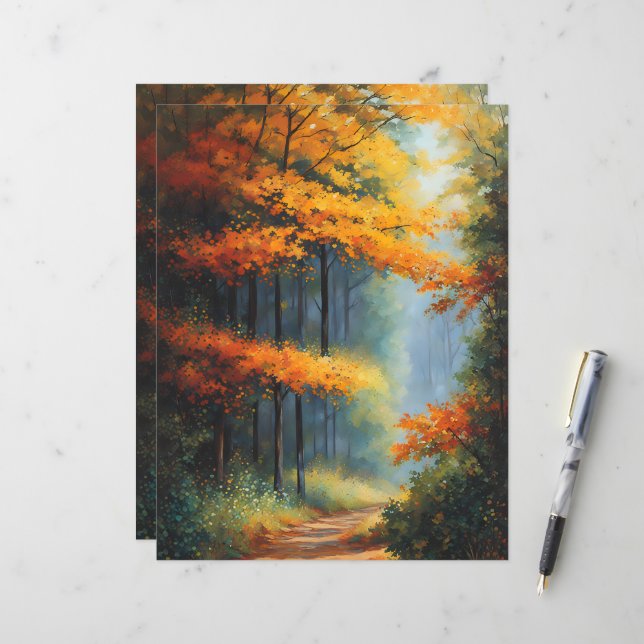 Papier scrapbook Chemin à travers la forêt d'autom (Devant/Arrière en situation)