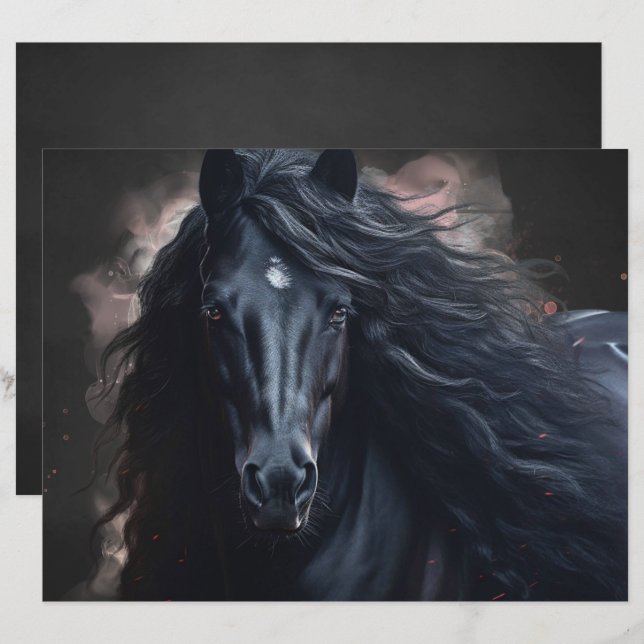 Papier scrapbook Cheval Frison Noir (Devant / Derrière)