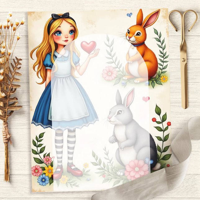 Papier scrapbook Cœurs Floraux Alice et Lapins (Créateur téléchargé)