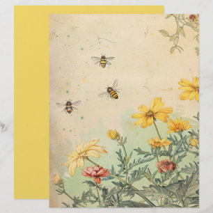 Papier scrapbook Fleurs sauvages et abeilles vinta