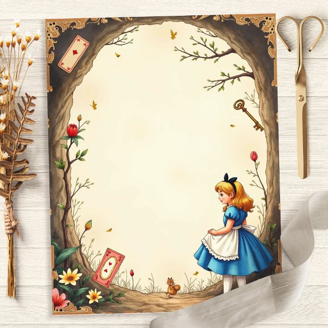 Papier scrapbook floral Alice et Lapin Blanc (Créateur téléchargé)