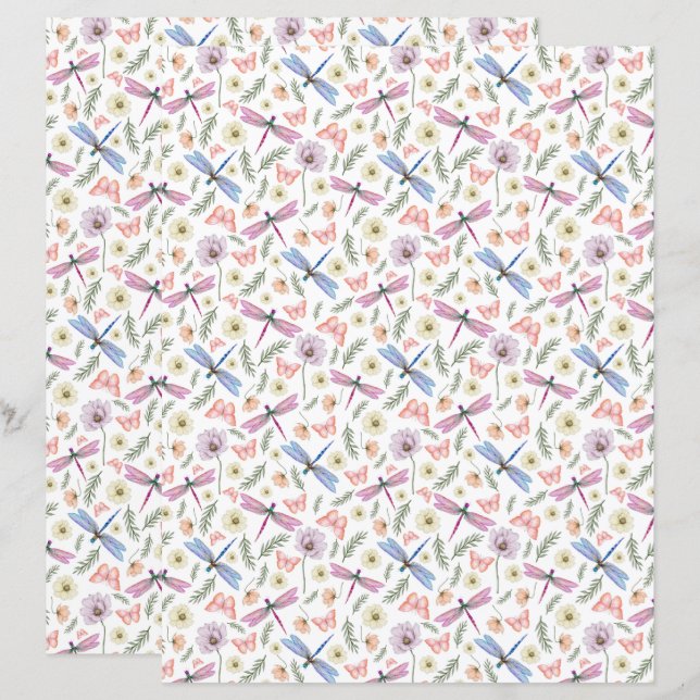 Papier scrapbooking de libellules et papillons (Devant / Derrière)