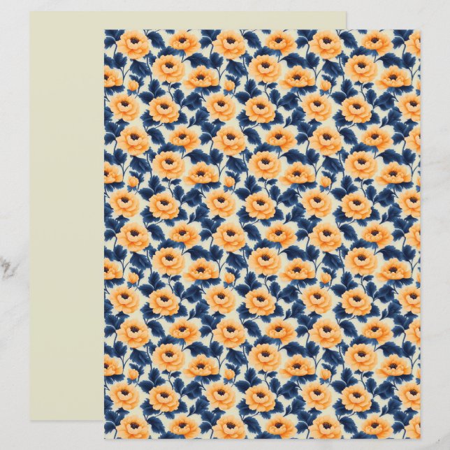 Papier scrapbooking floral coquelicot jaune (Devant / Derrière)