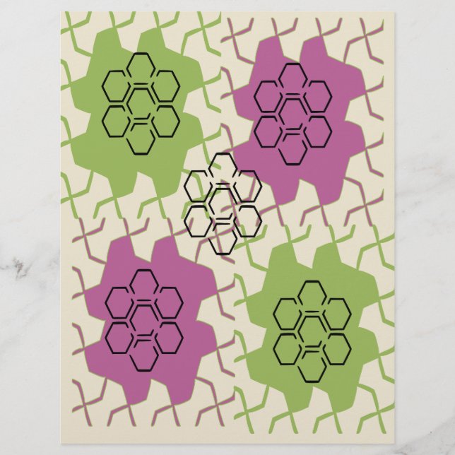 Papier scrapbooking hexagone vert et violet :  (Devant)