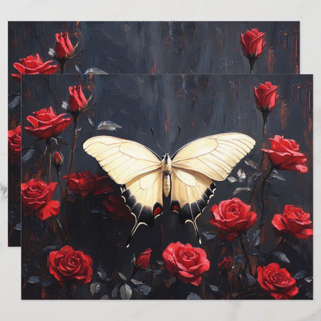 Papier scrapbooking Papillon Roses Rouges Vibrante (Devant / Derrière)