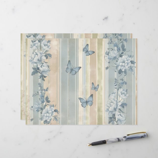Papier scrapbooking vintage papillons floraux bleu (Devant/Arrière en situation)