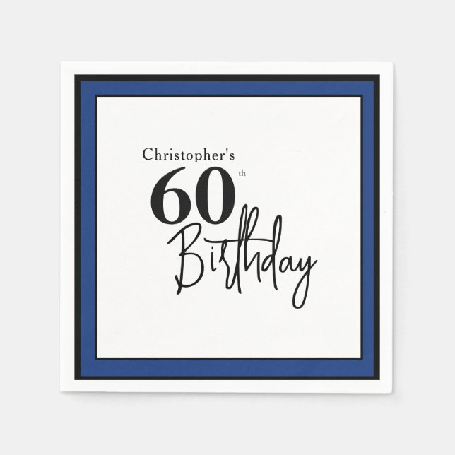Papier Serviette de 60e anniversaire moderne en noir bleu (Devant)
