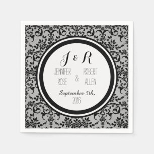 Papier Serviette de mariage en damas noir et gris argenté