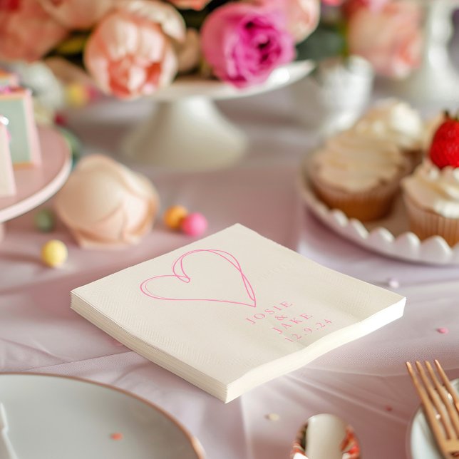 Papier Serviette de mariage en forme de cœur d'amour rose (Modern pink love heart wedding napkin)