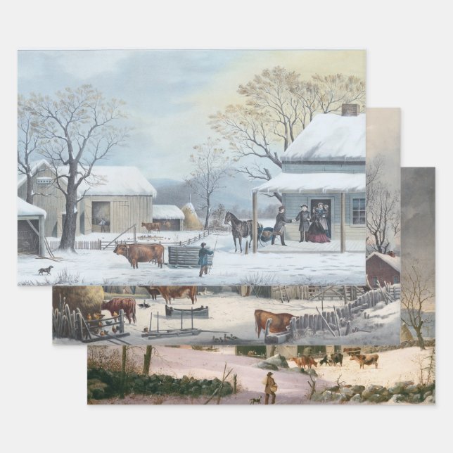 Papier Vintage Noël Wrapper WINTER FARMYARD (Lot)