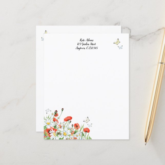 Papiers à lettres, Fleurs sauvages et papillons (Devant/Arrière en situation)