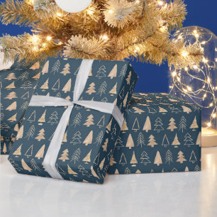 Papiers Cadeaux Arbres de Noël Or Bleu Minuit