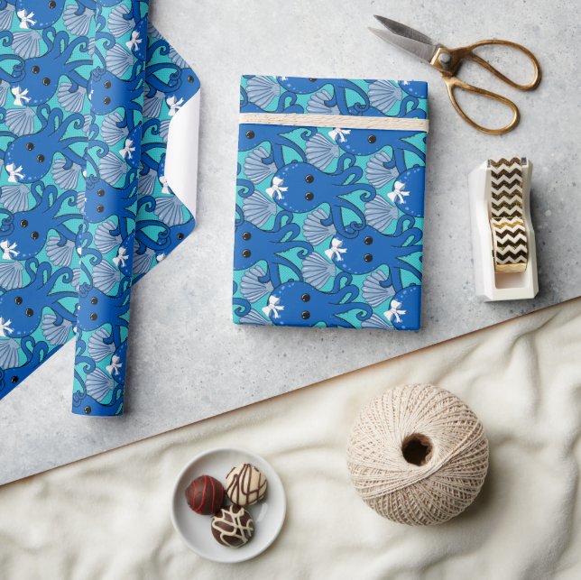 Papiers cadeaux Pieuvre Bleue avec Ruban (Artisanat)
