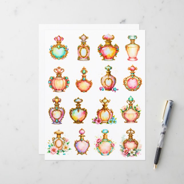 Papiers scrapbook Bouteilles de parfum de style an (Devant/Arrière en situation)