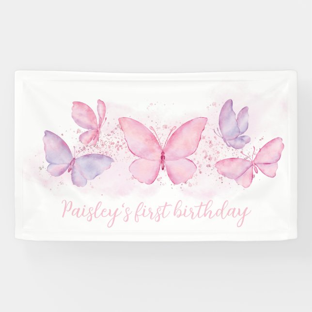 Papillon 1er Anniversaire Bannière Rose Purple Gir (Horizontal)