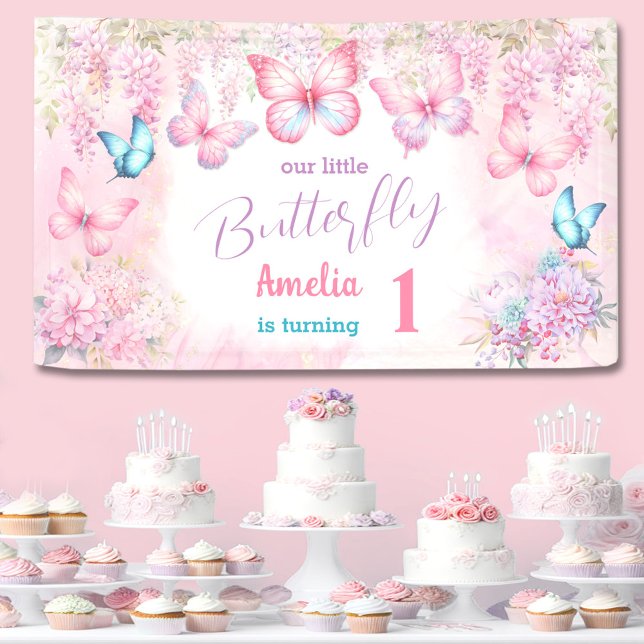 Papillon 1er Anniversaire Fille rose Bannière d'ét (Butterfly 1st Birthday Girl Pink Summer Banner)